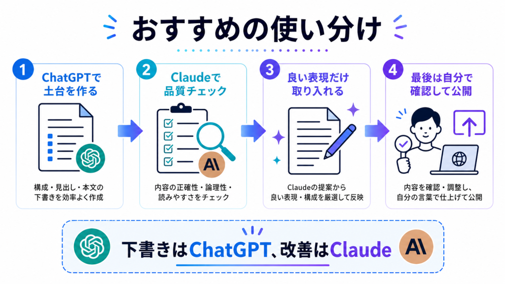 ChatGPTで土台を作りClaudeで品質チェックするおすすめの使い分けをまとめた図