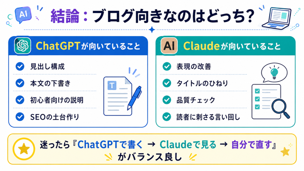 ブログ記事作成ではChatGPTが下書き向きでClaudeが改善や品質チェック向きであることをまとめた図